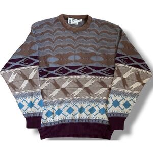 London Fog Vintage 3D Knit Sweater Mens Large Multicolor Geometric Cotton USA